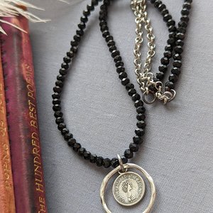 Silver Coin Circle Necklace with Black Beaded Chain, Hammered Circle Pendant, Ancient Coin Necklace, Gift for Her