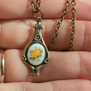 Yellow Rose Necklace, Floral Limoges Pendant, Regency Era Jewelry Gift for Her, Historical Fiction Reader Gift