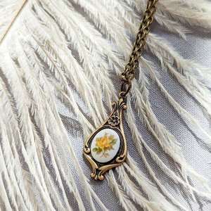 Yellow Rose Necklace, Floral Limoges Pendant, Regency Era Jewelry Gift for Her, Historical Fiction Reader Gift