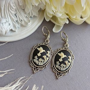 Cameo Earrings, Blue Hummingbird Earrings, Romantic Jewelry, Vintage Style, Nature Jewelry for Women