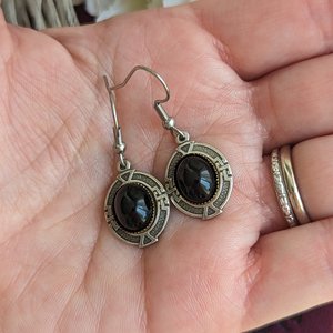 Antiqued Silver Onyx Earrings, Art Deco Jewelry, Greek Key Earrings, Vintage Glamour, Natural Crystal Jewelry Gift for Her