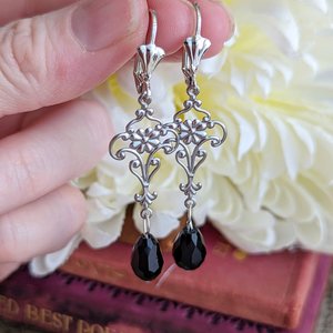 Gothic Black Bead Earrings, Silver Floral Earrings, Victorian Jewelry, Regency Era, Vintage Style