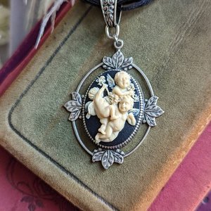 Gothic Angel Necklace, Cherub Cameo Pendant, Black Ribbon Choker, Victorian Goth Jewelry