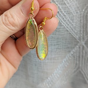 Iridescent White Opal Quartz Earrings,  Oval Gold Plated Gemstone Dangles, October Birthstone Jewelry, Gift for Her