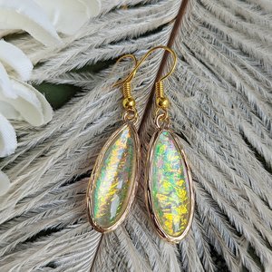 Iridescent White Opal Quartz Earrings,  Oval Gold Plated Gemstone Dangles, October Birthstone Jewelry, Gift for Her