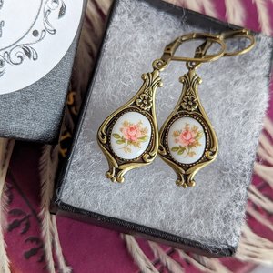 Pink Rose Earrings, Regency Era Earrings, Pink Flower Limoges Jewelry, Vintage Inspired, Botanical Floral Jewelry