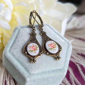 Pink Rose Earrings, Regency Era Earrings, Pink Flower Limoges Jewelry, Vintage Inspired, Botanical Floral Jewelry