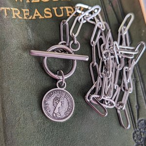Silver Coin Choker, Toggle Paperclip Chain Necklace, Women's Jewelry Gift