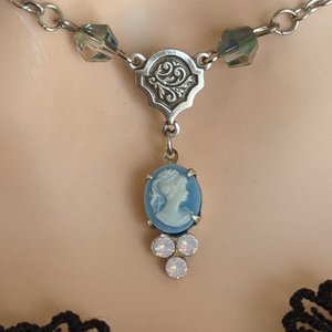 Tiny Blue Cameo Necklace with Rosewater Opals, Vintage Style Pendant, Shabby Chic, Gift for Her, Dainty Necklace, Regency Era