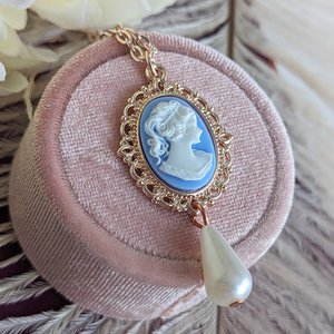 Pearl Cameo Necklace, 14K Rose Gold Plated, Historical Costume Victorian Jewelry, Romantic Vintage Inspired Pendant, Gift for Her