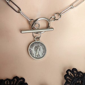 Silver Coin Choker, Toggle Paperclip Chain Necklace, Women's Jewelry Gift
