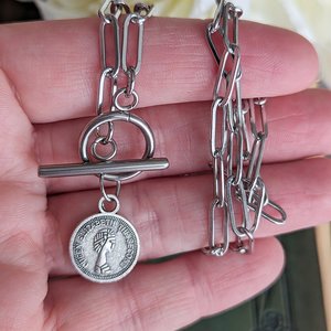 Silver Coin Choker, Toggle Paperclip Chain Necklace, Women's Jewelry Gift