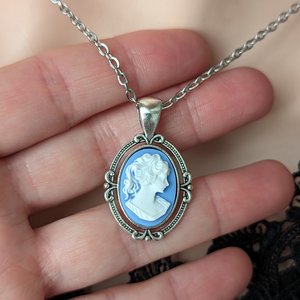 Blue Cameo Necklace, Victorian Gothic Jewelry, Vintage Style Something Blue for Bride Jewelry