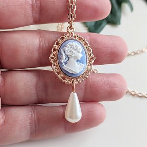Pearl Cameo Necklace, 14K Rose Gold Plated, Historical Costume Victorian Jewelry, Romantic Vintage Inspired Pendant, Gift for Her