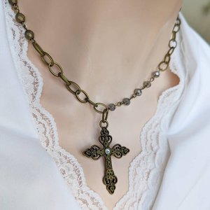 Gothic Rosary Necklace, Asymmetrical Beaded Crucifix, Ornate Statement Jewelry, Antiqued Brass Jewelry, Gift for Girlfriend