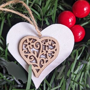 Wood Heart Christmas Ornament, Rustic Farmhouse Style, Romantic Valentines Day Decor