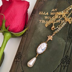 Blue Cameo Necklace with Pearl, 14K Gold Plated Historical Costume Jewelry, Romantic Vintage Inspired Pendant, Gift for Wife