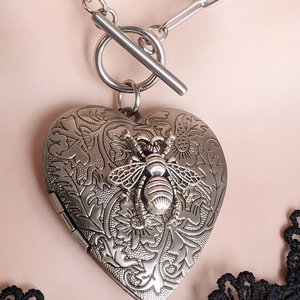 Heart Locket Toggle Necklace, Flat Paperclip Chain Choker, Silver Floral Design, Bee Jewelry, Valentines Gift for Girlfriend