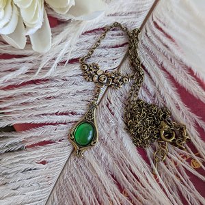 Green Victorian Necklace, Vintage Style Teardrop Pendant, Historical Costume Jewelry