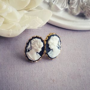 Lady Cameo Post Earrings, Large Vintage Style Studs, Victorian Jewelry, Gift for Historical Fiction Book lover