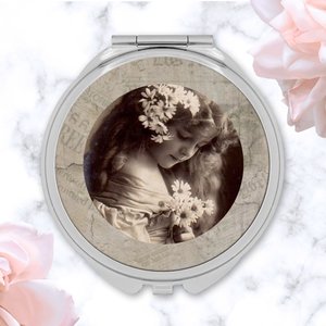 Round Silver Compact Mirror with Black and White Vintage Photo of Girl Holding Daisies, Classic Retro Gift for Her, Handy Purse Accessories