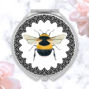 Round Silver Compact With Bumblebee Design, Handy Purse Accessories, On The Go Make Up Pocket Mirror, Bridesmaid Gifts