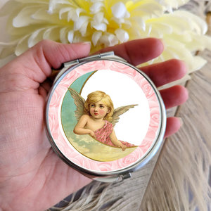 Round Silver Compact Mirror with Angel with Golden Wings on Crescent Moon, Elegant Celestial Pocket Mirror, Handy Purse Accessories