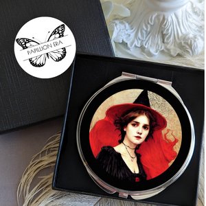 Round Silver Compact Mirror with Witch Design on Cover, Unique Halloween Accessory and Magical Gift for Her, Enchanted Witchy Accessories