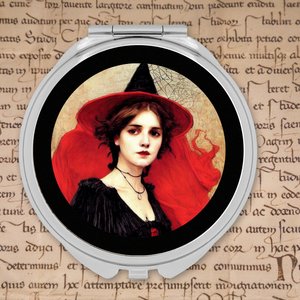 Round Silver Compact Mirror with Witch Design on Cover, Unique Halloween Accessory and Magical Gift for Her, Enchanted Witchy Accessories