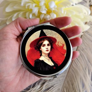 Round Silver Compact Mirror with Witch Design on Cover, Unique Halloween Accessory and Magical Gift for Her, Enchanted Witchy Accessories