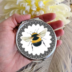 Round Silver Compact With Bumblebee Design, Handy Purse Accessories, On The Go Make Up Pocket Mirror, Bridesmaid Gifts