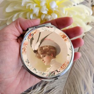 Round Silver Compact Mirror with Vintage Lady in Feathered Hat, Elegant Gift for Retro Fashion Lovers, Handy Purse Accessories