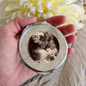 Round Silver Compact Mirror with Black and White Vintage Photo of Girl Holding Daisies, Classic Retro Gift for Her, Handy Purse Accessories