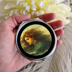 Round Silver Compact Mirror with Auburn Haired Mermaid Design, Perfect Gift for Fantasy Lovers, Siren Song, Handy Purse Accessories