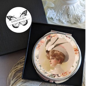 Round Silver Compact Mirror with Vintage Lady in Feathered Hat, Elegant Gift for Retro Fashion Lovers, Handy Purse Accessories