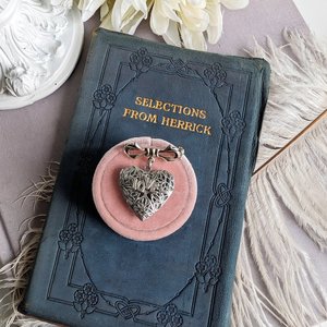 Silver Filigree Heart Locket Brooch, Bridal Bouquet Love Charm, Victorian Style, Wedding Memory Pin, Gift for Bride