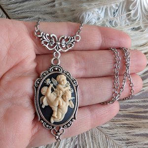 Cherubim Cameo Necklace, Ivory on Black Cameo of Three Winged Cherubs in Antiqued Silver, Baby Angel Jewelry, Graduation Gift, Sister Gift