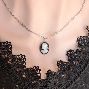 Black Cameo Necklace, Victorian Cameo Jewelry, Vintage Style Gift for Bride, Stainless Steel Chain and Pendant