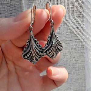 Antiqued Silver Art Deco Earrings, Vintage Inspired Jewelry, Historical Costume, Gift for Her