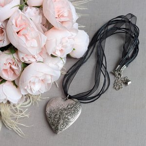 Puffy Heart Choker Necklace, Silver Photo Locket Memory Pendant, Keepsake Gift for Her