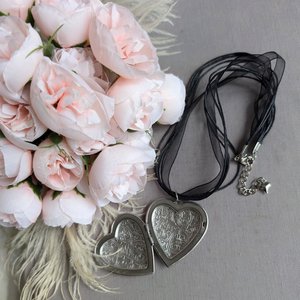 Silver Floral Engraved Puffy Heart Locket Choker Necklace with Black Ribbon, Vintage Style Statement Jewelry, Gift for Her