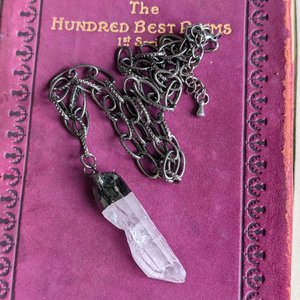 Raw Crystal Quartz Point Pendant with Electroplated Gunmetal and Paperclip Chain, Edgy Statement Jewelry for Boho and Crystal Lovers