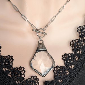 Clear Crystal Teardrop Pendant with Antiqued Silver Solder on Paperclip Chain with Toggle Closure, Edgy Statement Necklace