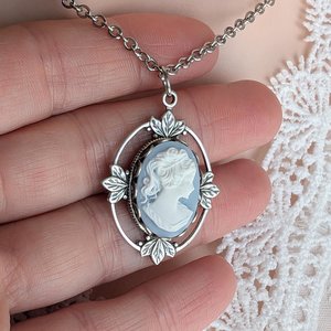 Oval Cameo Pendant with Antiqued Silver Leaf Details, Victorian Necklace Gift for Vintage Lovers and Nature Enthusiasts