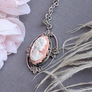 Oval Cameo Pendant with Antiqued Silver Leaf Details, Victorian Necklace Gift for Vintage Lovers and Nature Enthusiasts