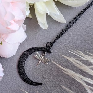 Black Crescent Moon Necklace with Silver Dragonfly Pendant, Celestial Jewelry, Moon and Dragonfly Charm, Gothic Boho Necklace