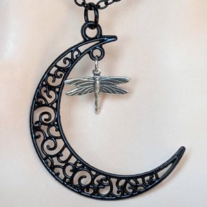 Black Crescent Moon Necklace with Silver Dragonfly Pendant, Celestial Jewelry, Moon and Dragonfly Charm, Gothic Boho Necklace