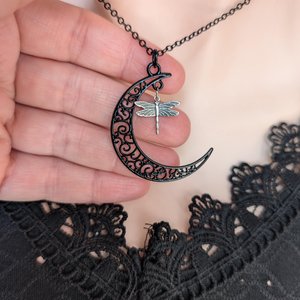 Black Crescent Moon Necklace with Silver Dragonfly Pendant, Celestial Jewelry, Moon and Dragonfly Charm, Gothic Boho Necklace