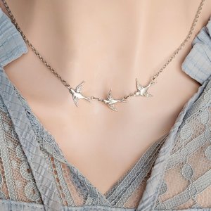 Silver Swallow Necklace, Three Bird Pendant, Minimalist Nature Inspired Jewelry, Symbolic Swallow Charm