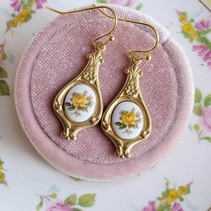 Yellow Rose Limoges Earrings with Golden Teardrop Pendants, Elegant Floral Art Nouveau Jewelry